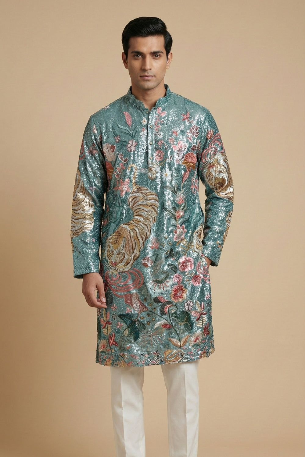 Semi Silk Kurta Set With Sequins And Resham Embroidery