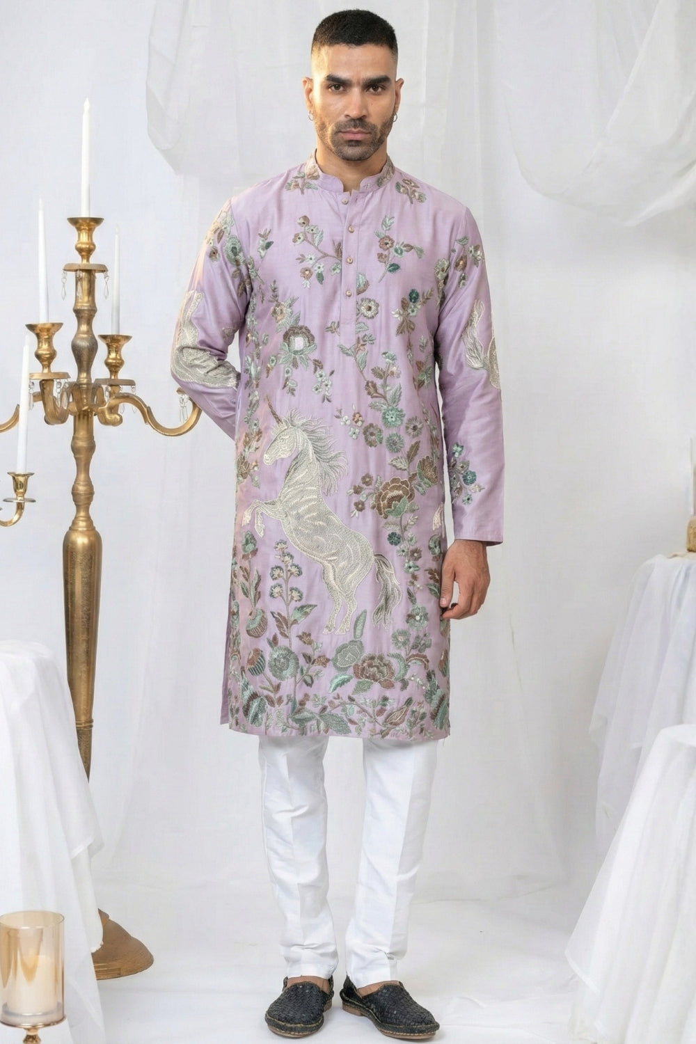 Semi Silk Kurta Set With Sequins And Resham Embroidery