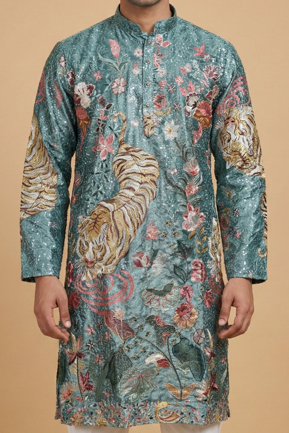 Semi Silk Kurta Set With Sequins And Resham Embroidery