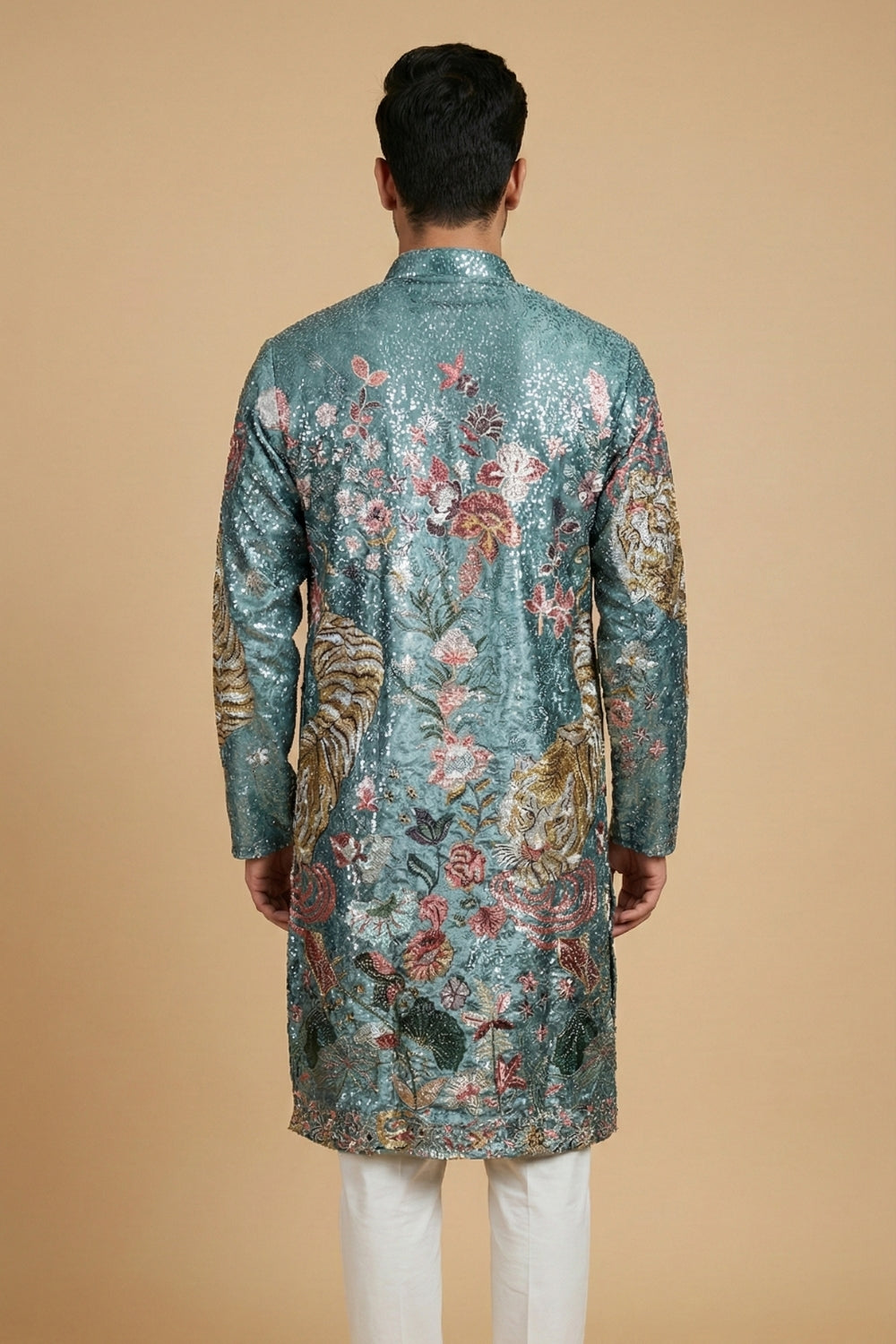 Semi Silk Kurta Set With Sequins And Resham Embroidery