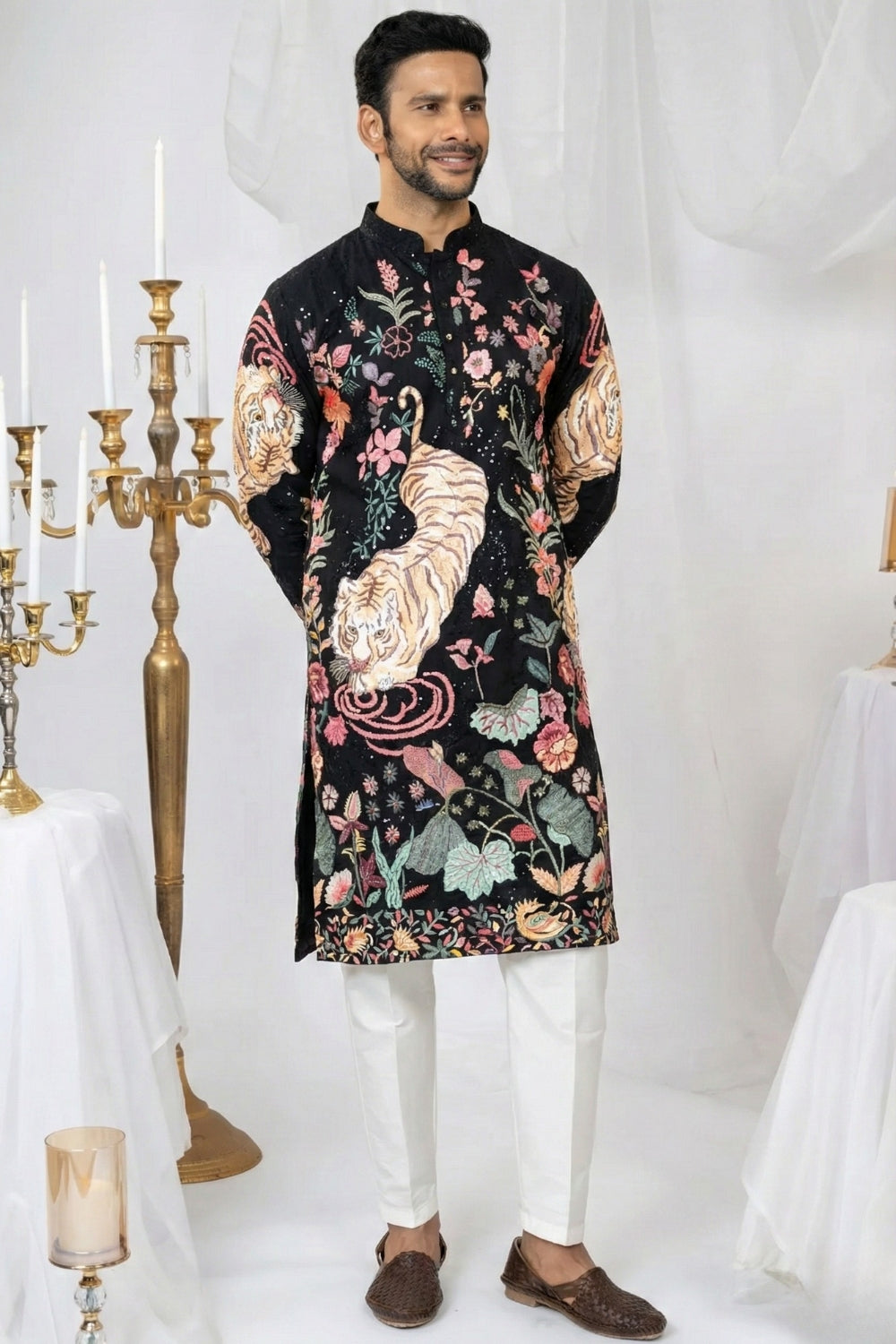 Semi Silk Kurta Set With Sequins And Resham Embroidery