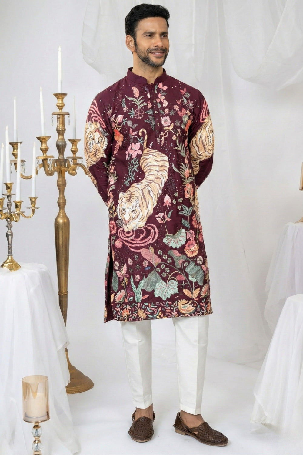Semi Silk Kurta Set With Sequins And Resham Embroidery