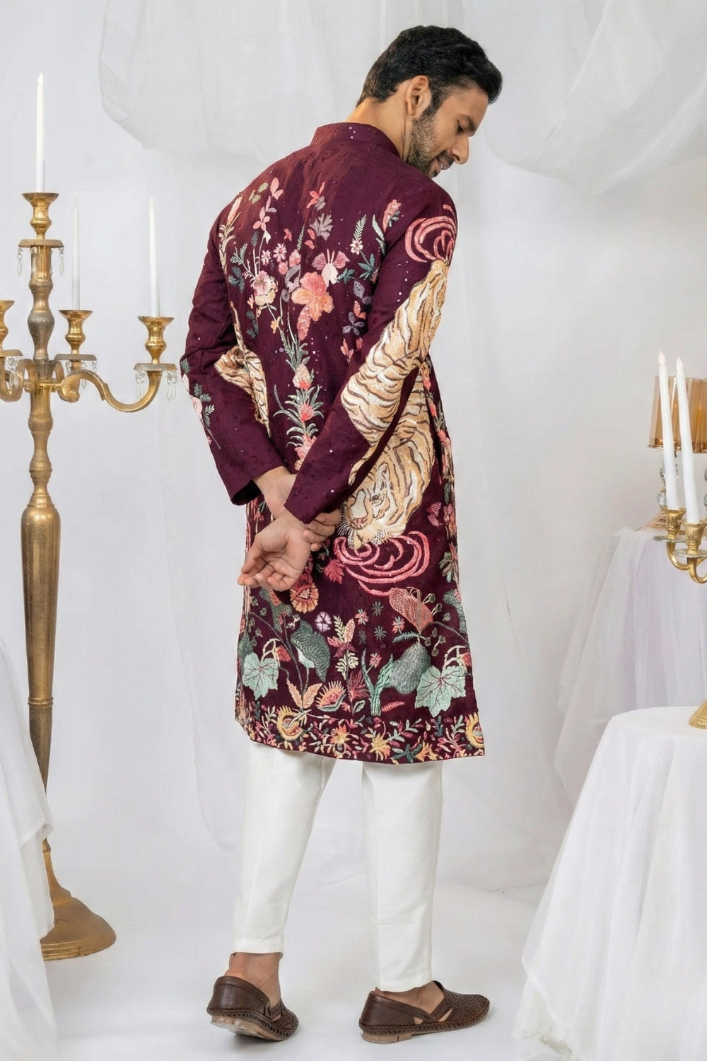 Semi Silk Kurta Set With Sequins And Resham Embroidery