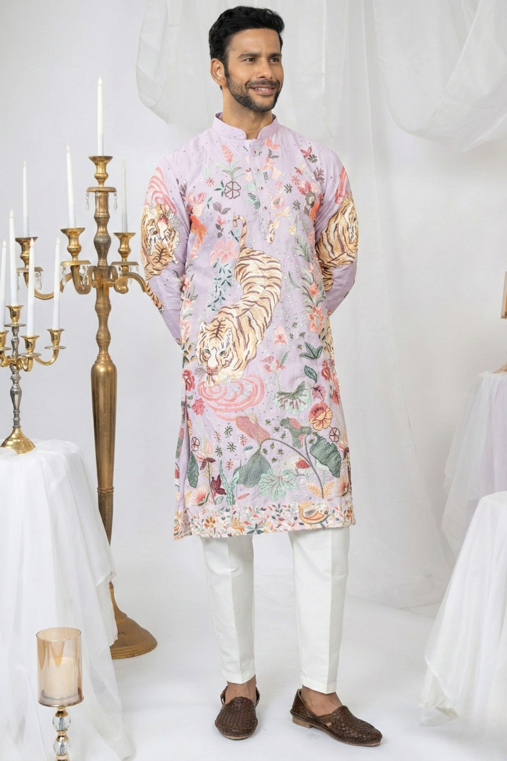 Semi Silk Kurta Set With Sequins And Resham Embroidery