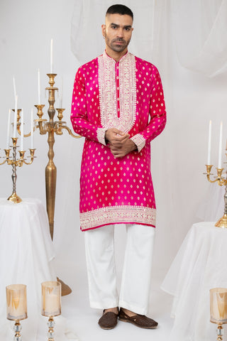 Silk Kurta Set With Print And Thread Embroidery