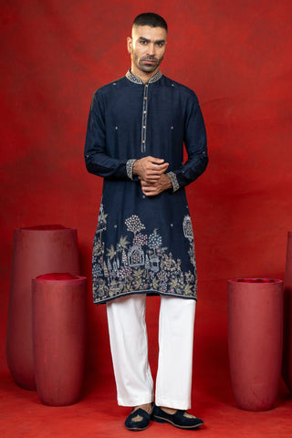Silk Kurta Set With Sequins And Thread Embroidery