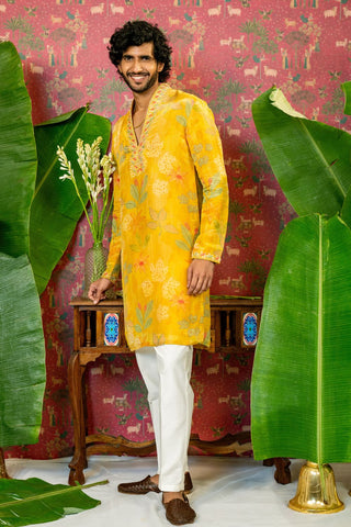 Yellow Silk Suit With Mirror And Resham Embroidery