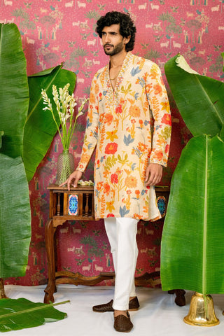Golden Silk Suit With Mirror & Resham Embroidery And White Pants