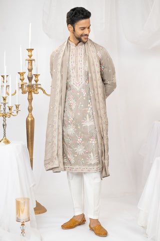 Soft Champagne Tissue Silk Kurta Set With Sequins And Resham Embroidery