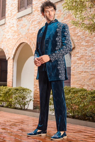 Teal Green Velvet Indo-Western Set with Cutdana Work