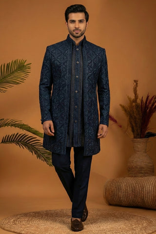 Teal Blue Georgette Indo Western With Embroidery And Sequins Work
