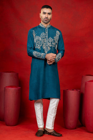 Teal Blue Silk Kurta Set with Cutdana Work
