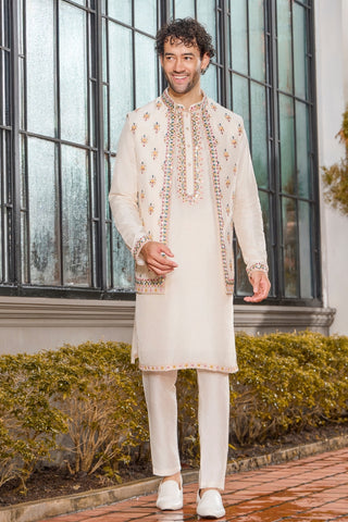 Ivory Silk Indo Western With Mirror And Sequins
