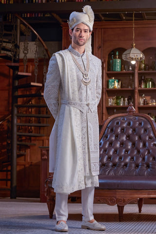 White Silk Sherwani with Cutdana Work