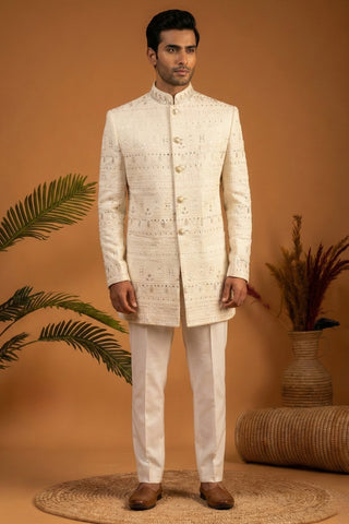 White Silk Jodhpuri Set With Mirror And Sequins Work
