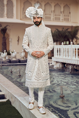 White Silk Sherwani With Sequins And Resham Embroidery
