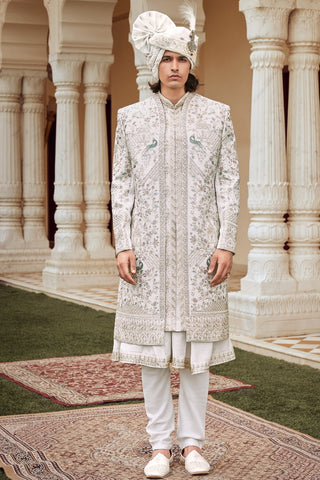 White Silk Sherwani With Stone And Sequins Work