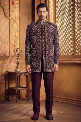 Wine Silk Indo Western With Cutdana And Moti Work