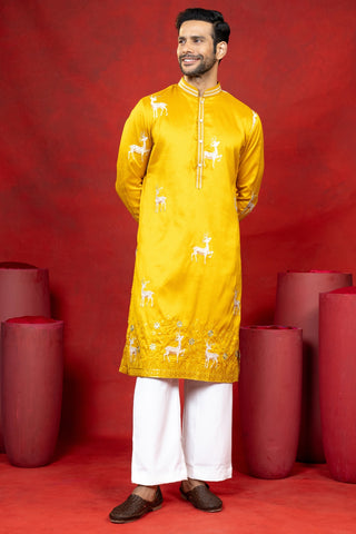 Yellow Silk Embroidered Kurta Set