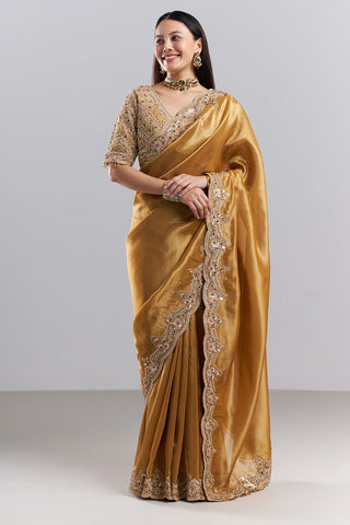 Antique Gold Embellished Border Saree and Stitched Blouse
