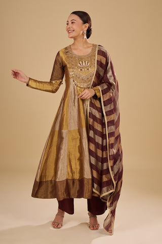 Antique Gold Pure Zari Silk Anarkali Set with Zardozi and Sequins Hand Embroidery