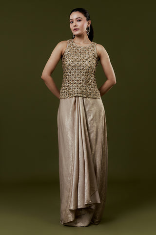 Antique Gold Shimmer Satin Indo Western Set with Cutwork and Sequins