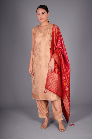 Antique Gold Tissue Banarasi Kurta Set with Cutdana and Sequin Hand Embroidery