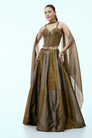 Antique Gold Tissue Silk Lehenga with Corset Blouse and Rhinestone Accents