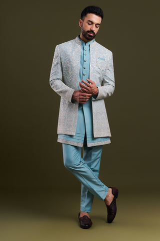 Aqua Blue Nokia Silk Embellished Men's Indo-Western Wear