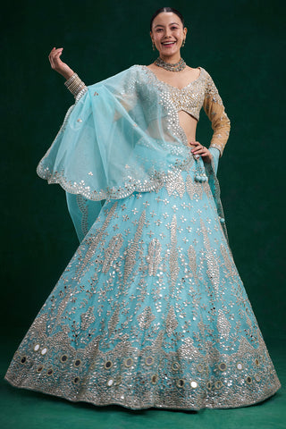 Aqua Gold Net and Organza Bridal Lehenga with Mirror Zari Work