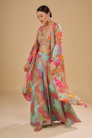 Aqua Multicolour Floral Printed Pure Crepe Cape Set with Sequins, Cut Dana and Mirror Work