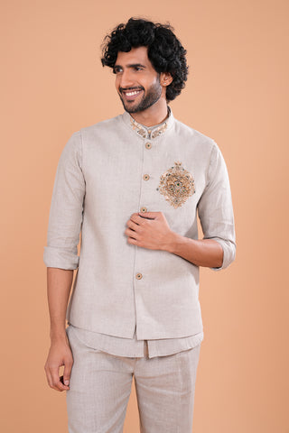 Ash Grey Linen Embroidered Bundi Set