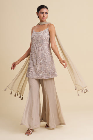 Ash Grey Viscose Georgette Sharara Set with Mirror Work