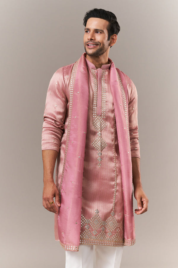 Baby Pink Brocade Mens Kurta Set with Mirror and Zardosi Work