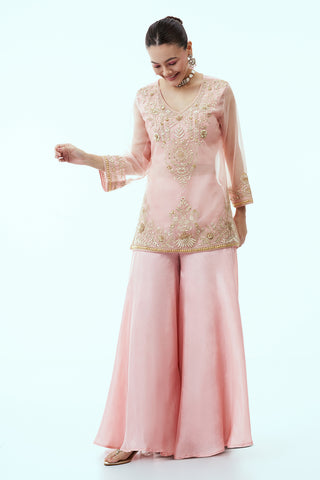 Baby Pink Organza Short Kurti with Palazzo Pants with Zardosi and Gota Work
