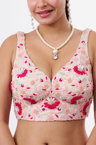 Baby Pink Raw Silk Blouse with 3D Florals