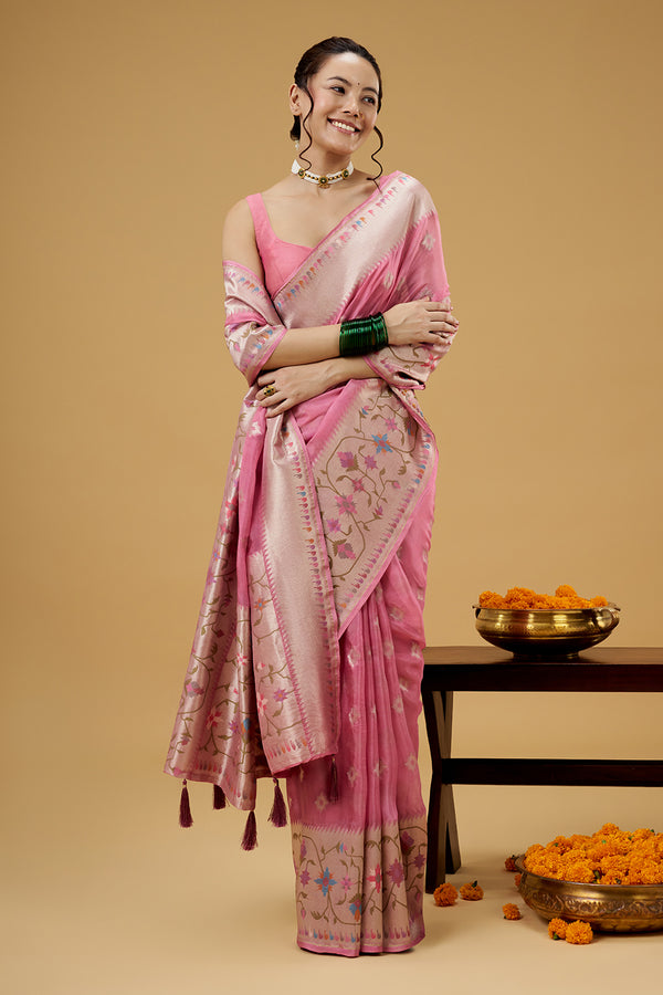Baby Pink Tissue Saree with Multicolored Thread Work