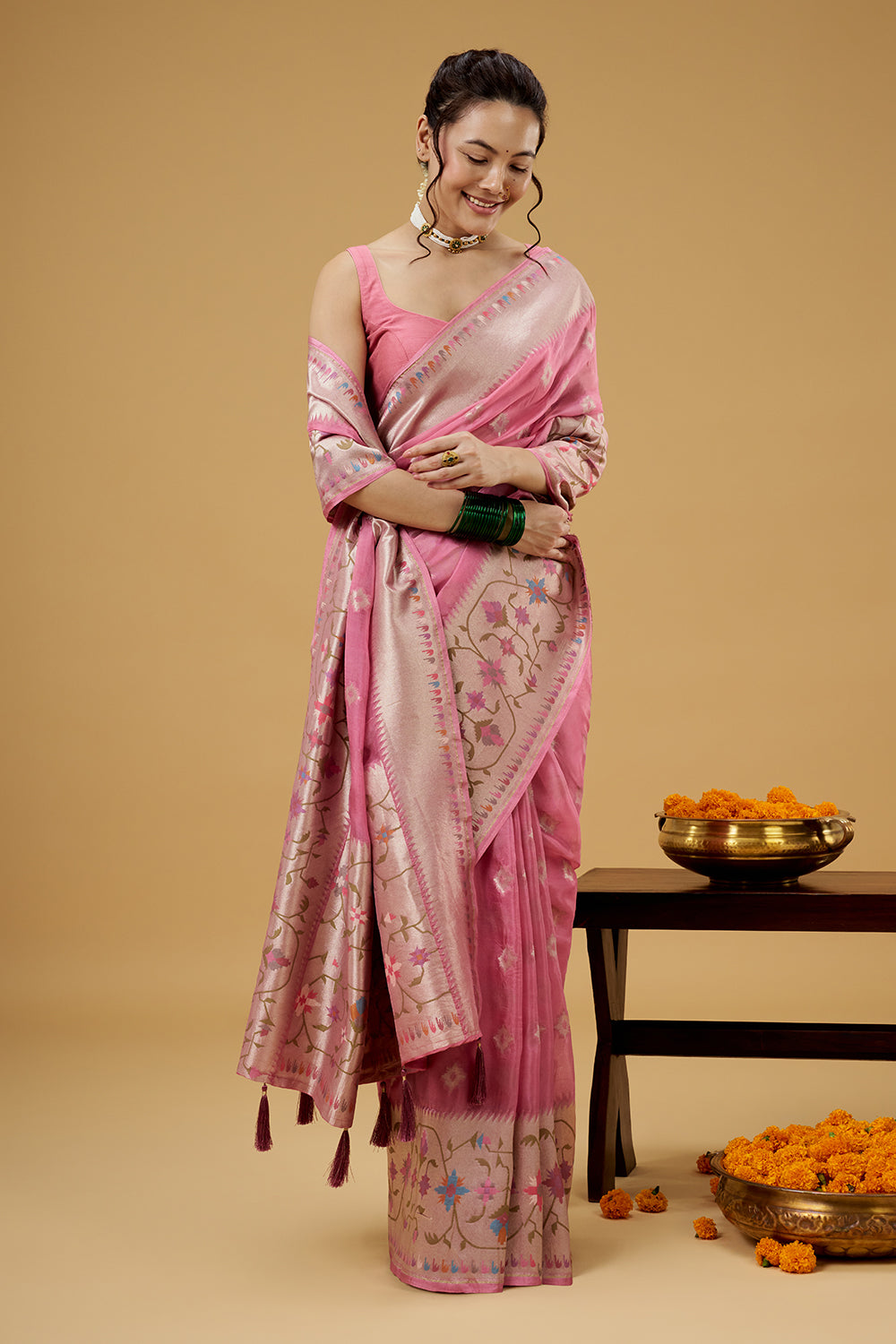 Baby Pink Tissue Saree with Multicolored Thread Work