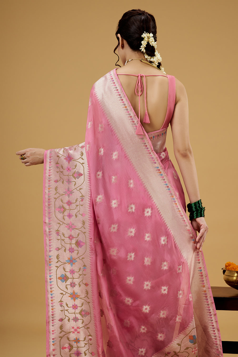 Baby Pink Tissue Saree with Multicolored Thread Work