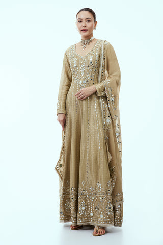Beige Chanderi Tissue Anarkali Set with Mirror Work