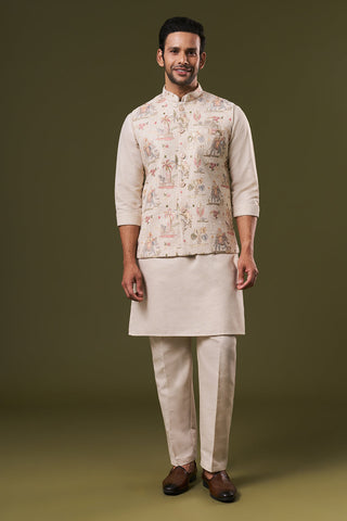 Beige Cotton Silk Mens Kurta Jacket Set with Thread and Sequins Work