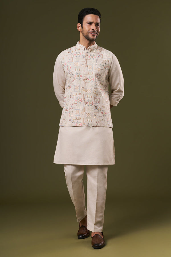 Beige Cotton Mens Kurta Jacket Set with Thread and Sequins Work
