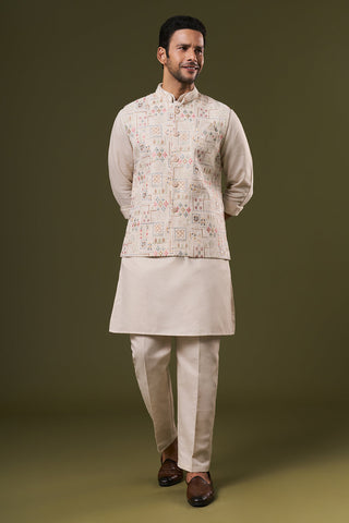 Beige Cotton Mens Kurta Jacket Set with Thread and Sequins Work