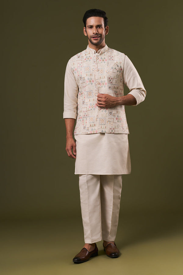 Beige Cotton Mens Kurta Jacket Set with Thread and Sequins Work