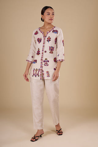 Beige Cotton Linen Kurta Set with Multicolor Thread Embroidery