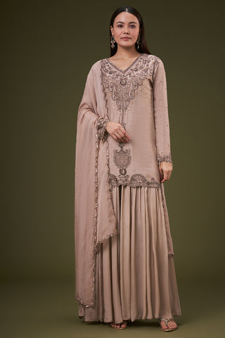 Beige Cotton Silk Palazzo Suit Sequin and Cutdana Work