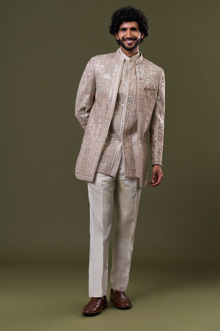 Beige Geometric Foil Silk Embellished Jacket Set