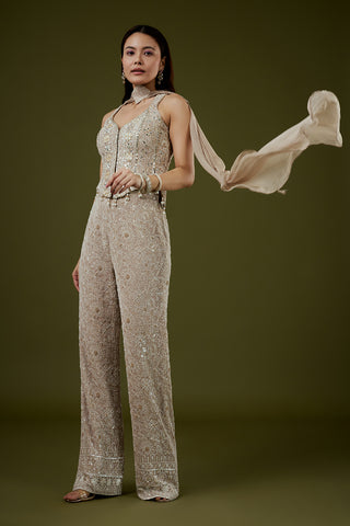 Beige Georgette Lucknowi Palazzo Set with Mirror Work