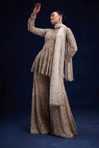 Beige Gold Net Indo-Western Set with Cutdana, Sequin and Bead Work