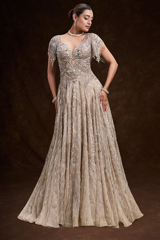 Beige Gold Satin and Net Bridal Gown with Abstract Tassel Embroidery